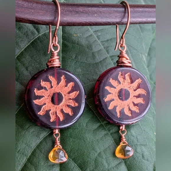 Celestial Sun Earrings Artisan Crafted Copper Wrap Congnac Citrine Drops - Picture 16 of 16